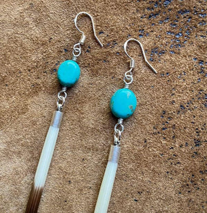 Porcupine Quill & Turquoise Earrings, with Silver Earwires