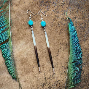 Porcupine Quill & Turquoise Earrings, with Silver Earwires