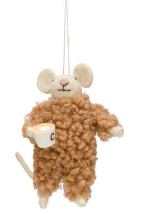 Felt Mouse inb PJs With Coffee Ornament