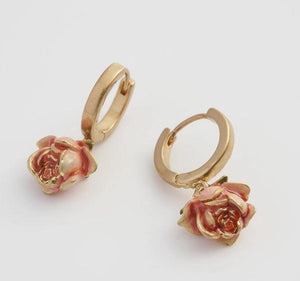 Rose Bud Enamel Huggies Earrings