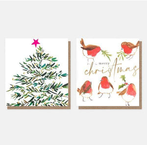 Xmas Tree and Robins Christmas Notecards