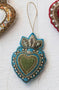 Beaded heart Ornament Blue with Green Centre