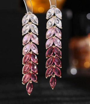 Longline Drop Earrings with Pink Radiant Leaves