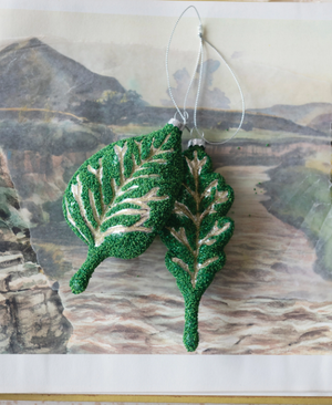 green leaf glass ornament, choose from a birch leaf or an oak leave, christmas tree ornament